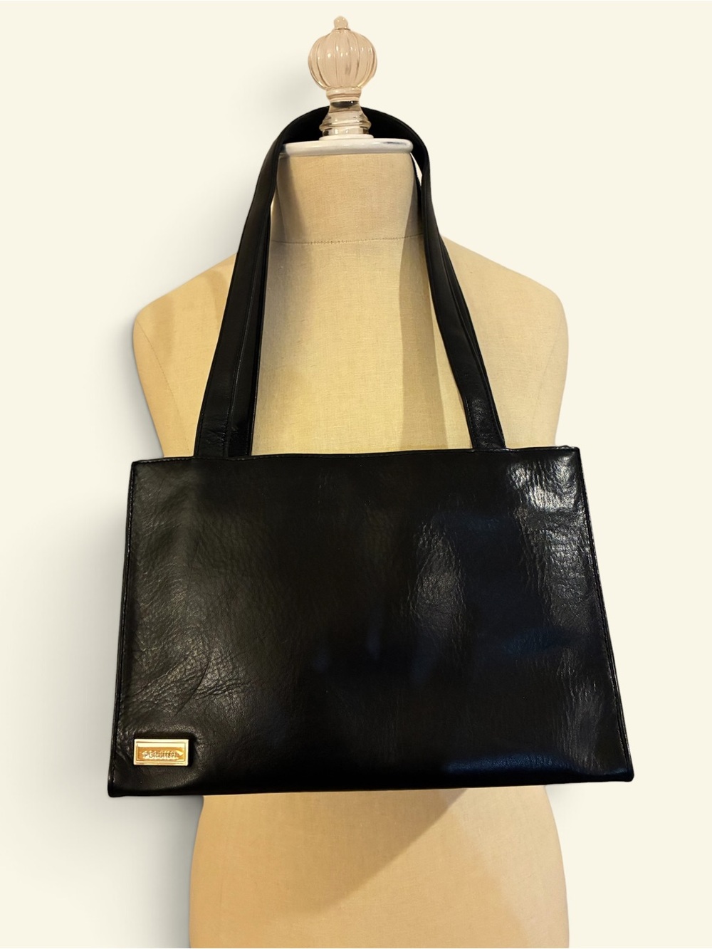 Perlina Korea Vintage double handle black smooth  leather multi section handbags